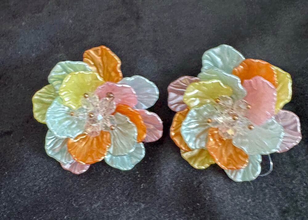 Large  Statement Pastel Plastic Flower Post Earrings 1 3/4 Inch Diameter  E167